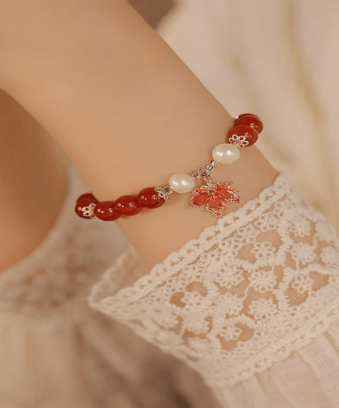 Red Sterling Silver Overgild Agate Maple Leaf Charm Bracelet