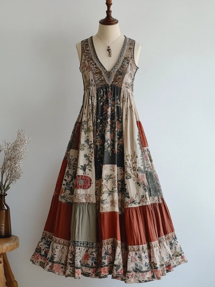 Retro Floral Patchwork V Neck Sleeveless Cozy Linen Dress artswardrobe
