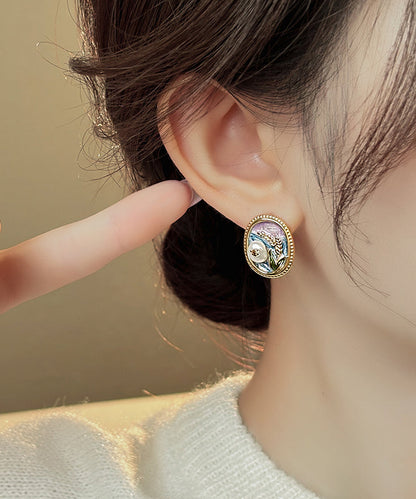 Gold Copper Alloy Pearl Enamel Stud Earrings