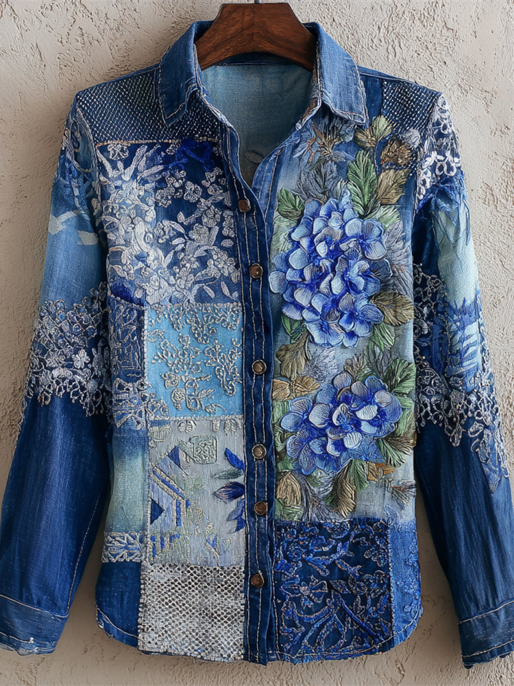 Boho Hydrangea Geometric Thread Embroidery Women's Vintage Linen Shirt elevenforest