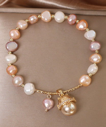 Original Design Champagne Copper Overgild Pearl Lucky Cat Tassel Charm Bracelet