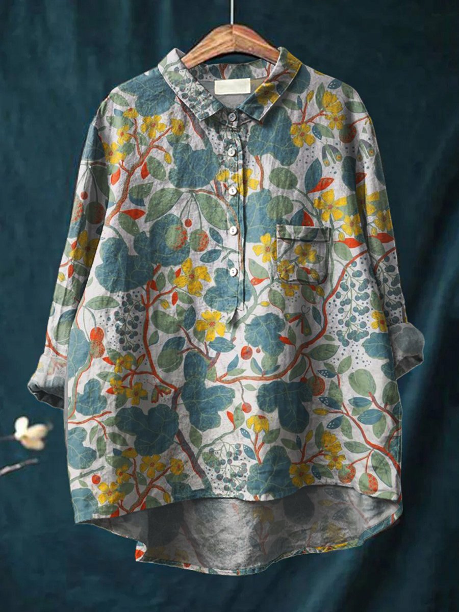 Women's Floral  Art Print Casual Cotton And Linen Shirt