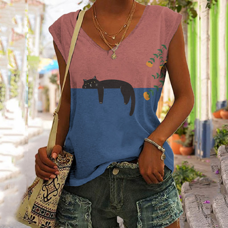 Abstract Creative Lazy Black Cat Art Painting Art Tank Top elevenforest