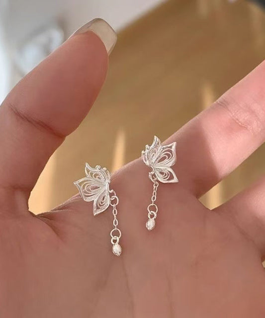 Exquisite Silver Butterfly Tassel Stud Earrings