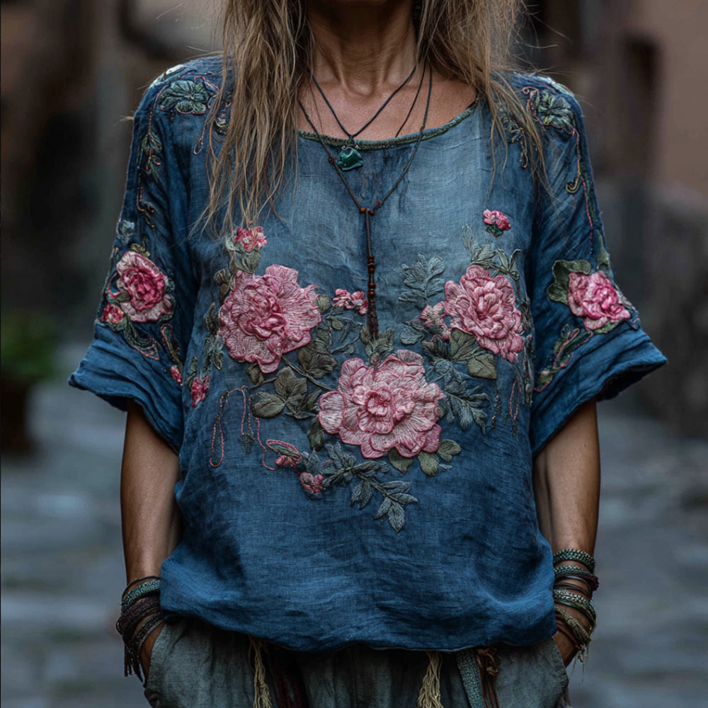 Women's Pink Flower Blue Tie-dye Short-sleeved Shirt artswardrobe