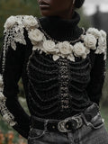 Comstylish Classy Skeleton Roses Embroidered Cozy Turtleneck Sweater