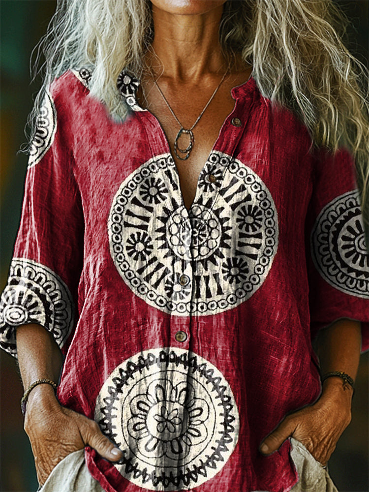 Women's Vintage Bohemian Floral Art Print Casual Cotton Linen Shirt