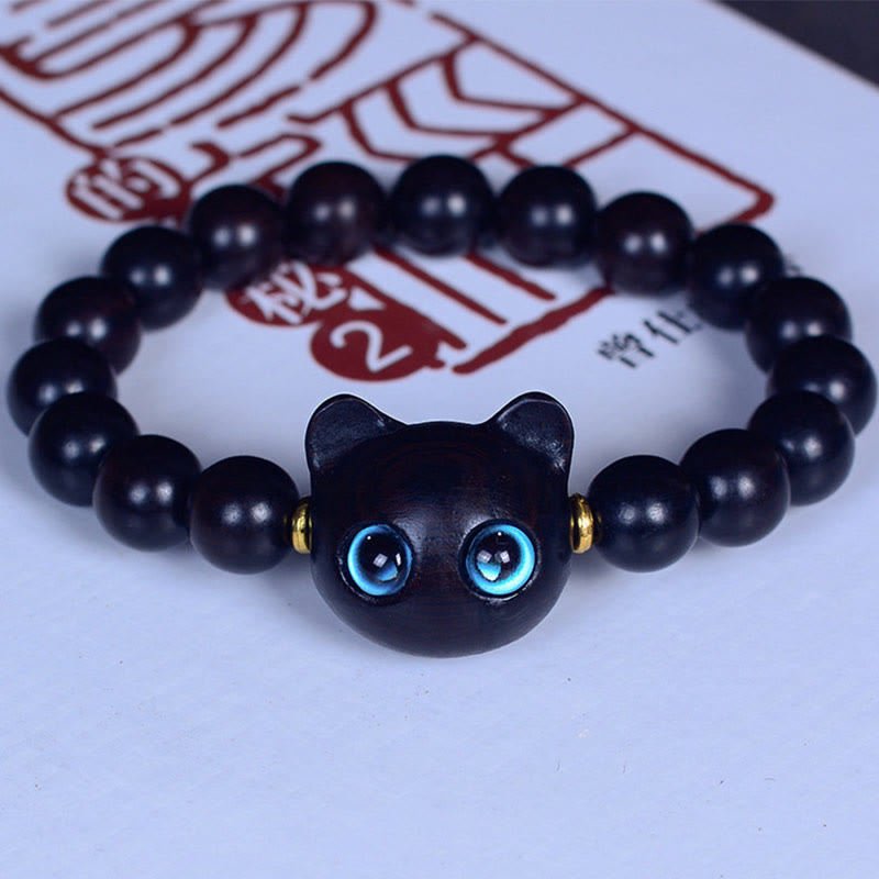 Buddha Stones Ebony Wood Liuli Glass Cat Peace Balance Bracelet
