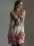 Comstylish Vintage Skull Roses Glitter Gradient V Neck Mini Dress