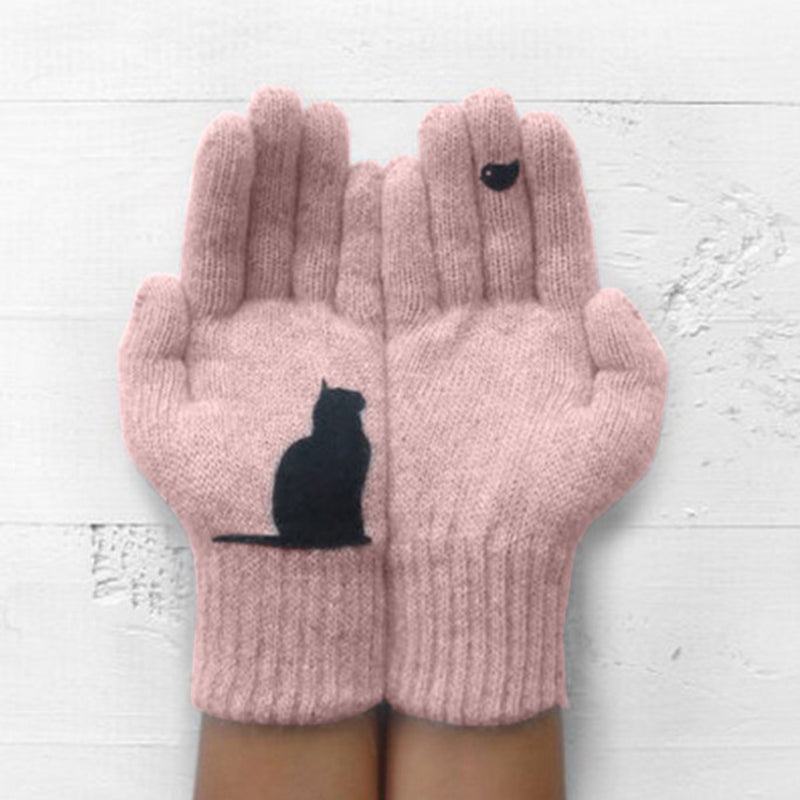 Warm Cat Bird Print Wool Knitted Gloves elevenforest