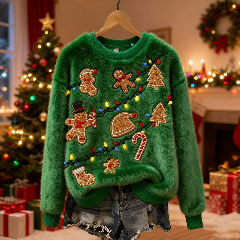 Comstylish Women’s Retro Christmas Element Design Round Neck Flannel Sweatshirt