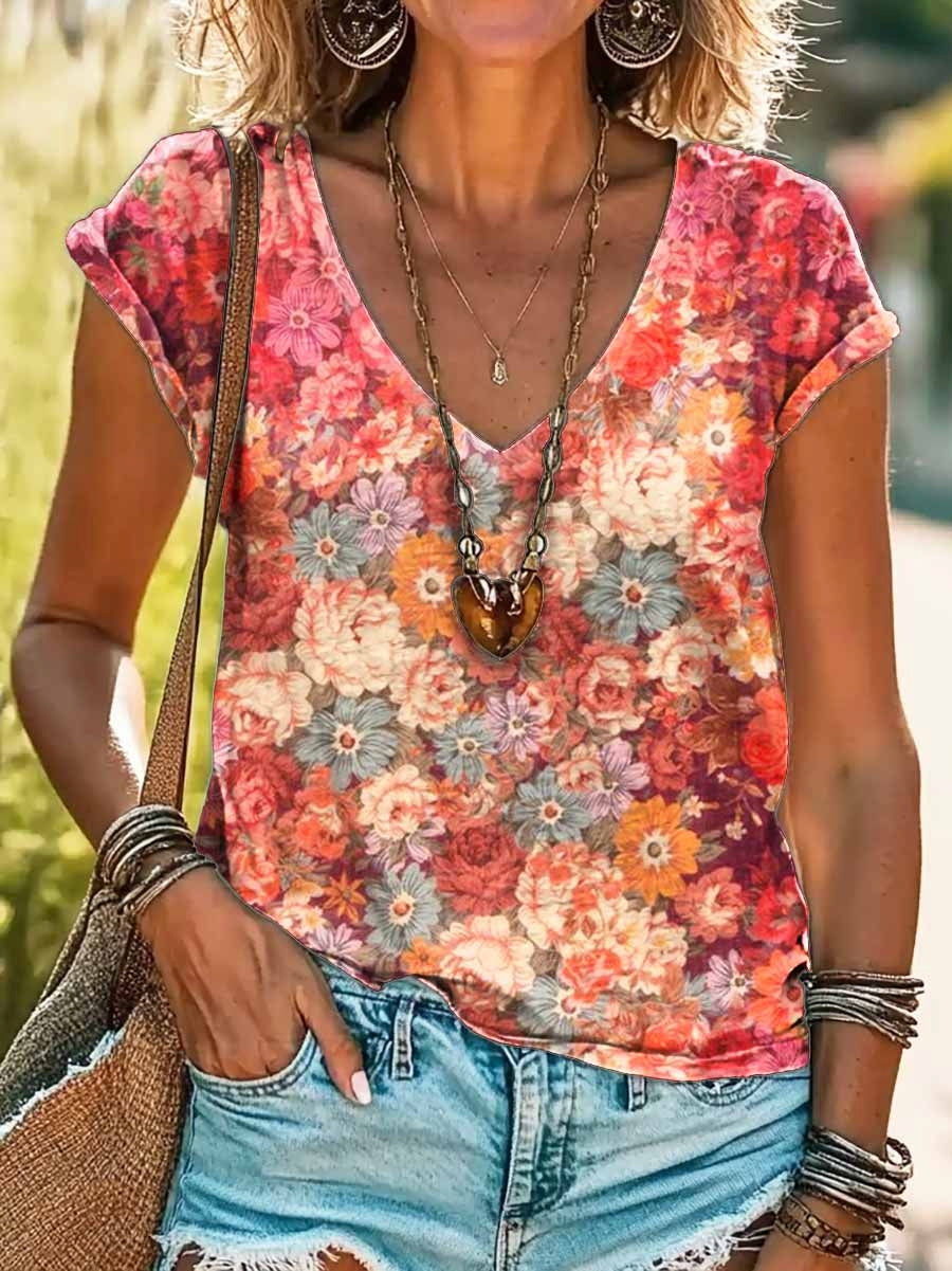 Women's Floral Print V-Neck Cotton T-Shirt