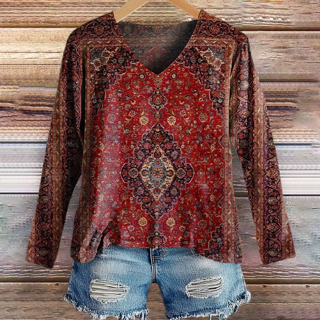 Women's Vintage Ethnic Floral Art Print Casual V-neck Long Sleeve T-sh