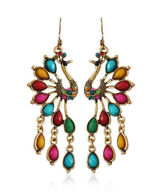 Multi Colour Peacock Zircon Copper Drop Earrings