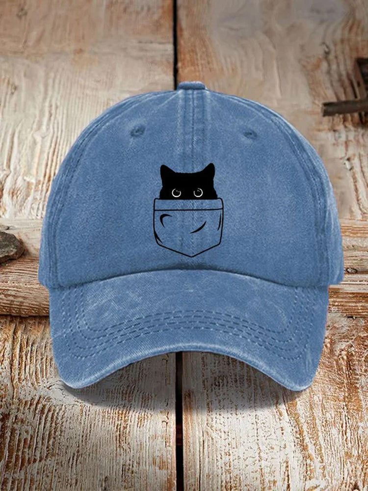 Japanese Art Black Cat Print Washed Hat elevenforest
