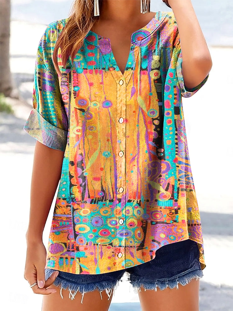 Women's Watercolor Art Print Casual Short Sleeve Cotton and Linen Shir