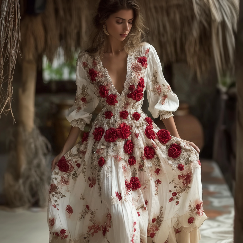 Bohemian Style Red Rose Retro Cotton And Linen Woman's V-neck Dress elevenforest