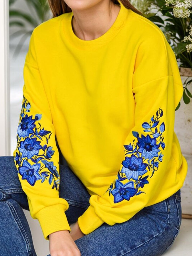 Comstylish Ukraine Ethnic Floral Embroidered Crewneck Cozy Sweatshirt