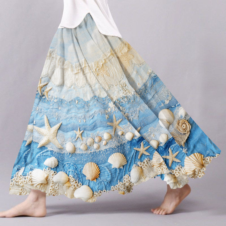 Vintage Starfish & Sea Shells Sea Waves Art Pattern Flowy Wide Skirt artswardrobe