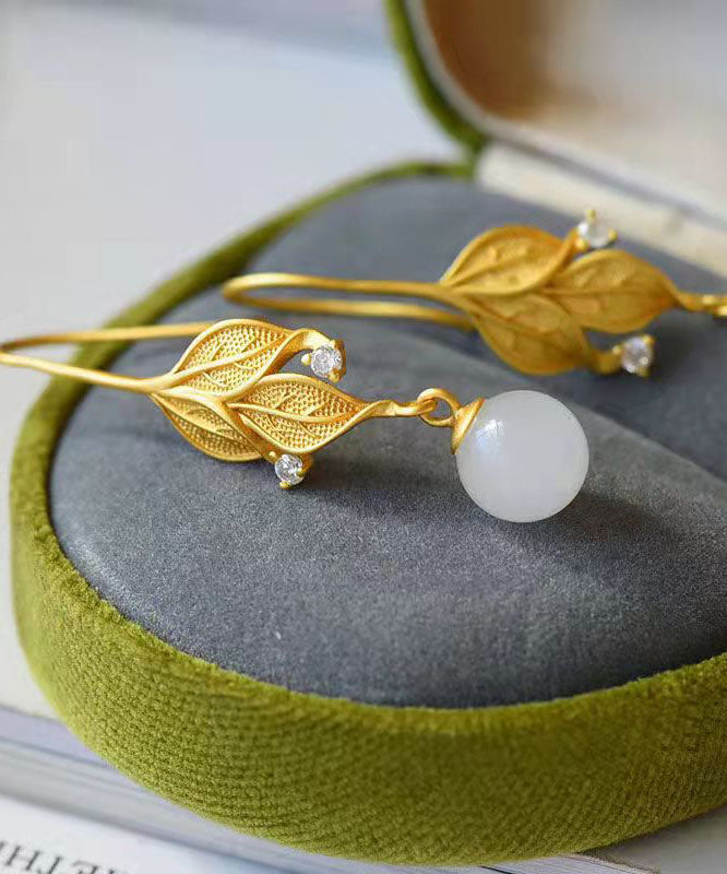 Diy Gold Sterling Silver Overgild Jade Leaf Drop Earrings