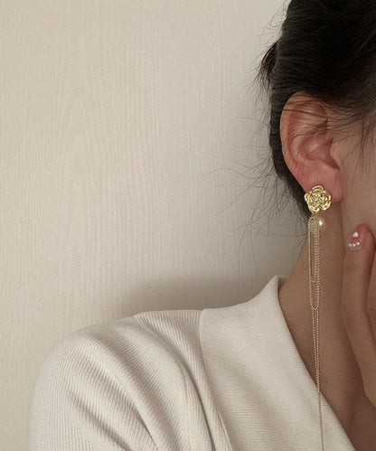 Gold Overgild Pearl Long Tassel Drop Earrings