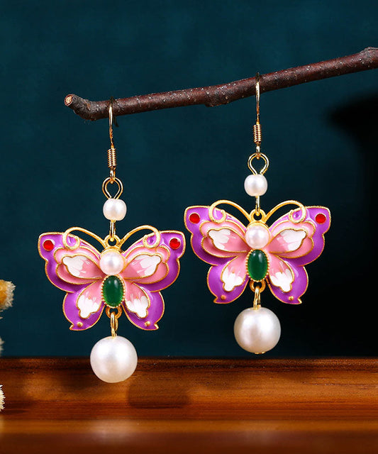 Purple Copper Overgild Acrylic Pearl Butterfly Drop Earrings