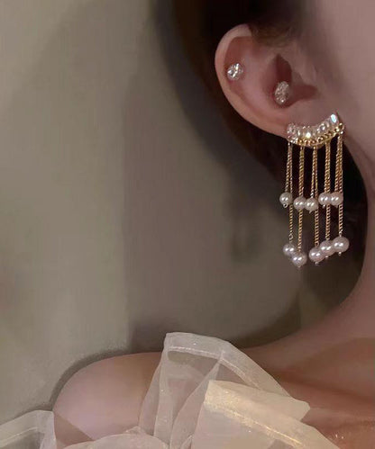 Gold Copper Overgild Pearl Tassel Drop Earrings