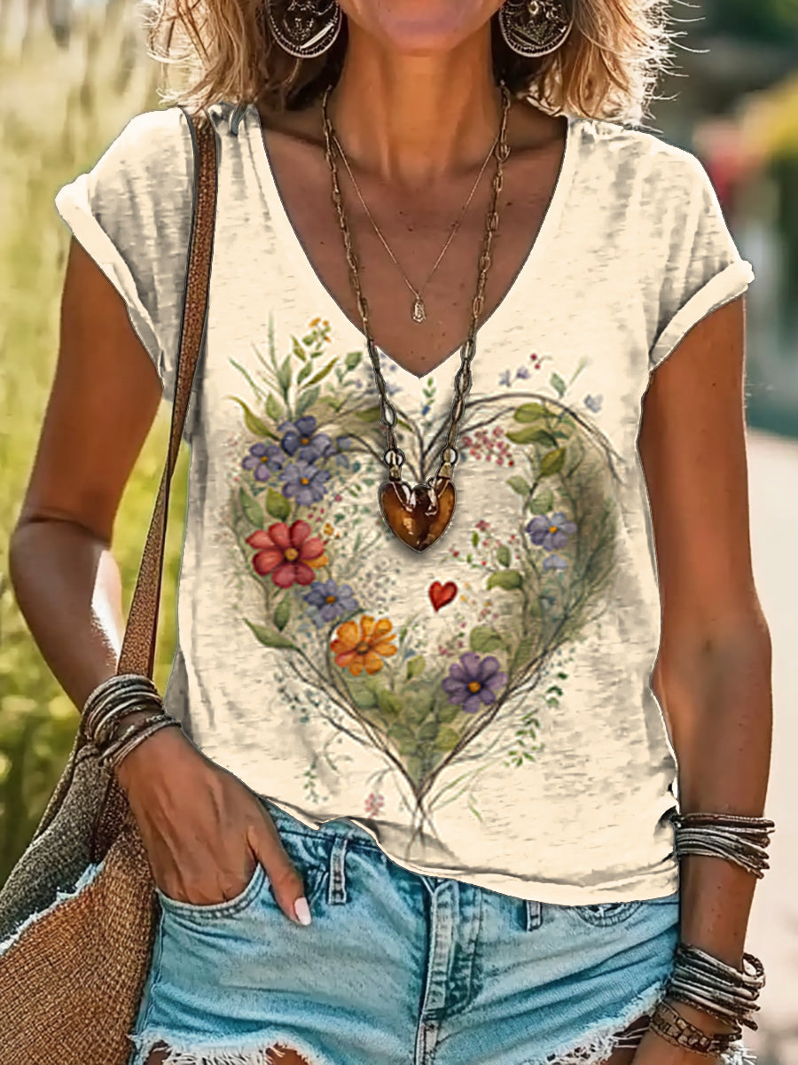 Women's Floral Heart Art Print 100% Cotton V-Neck T-Shirt