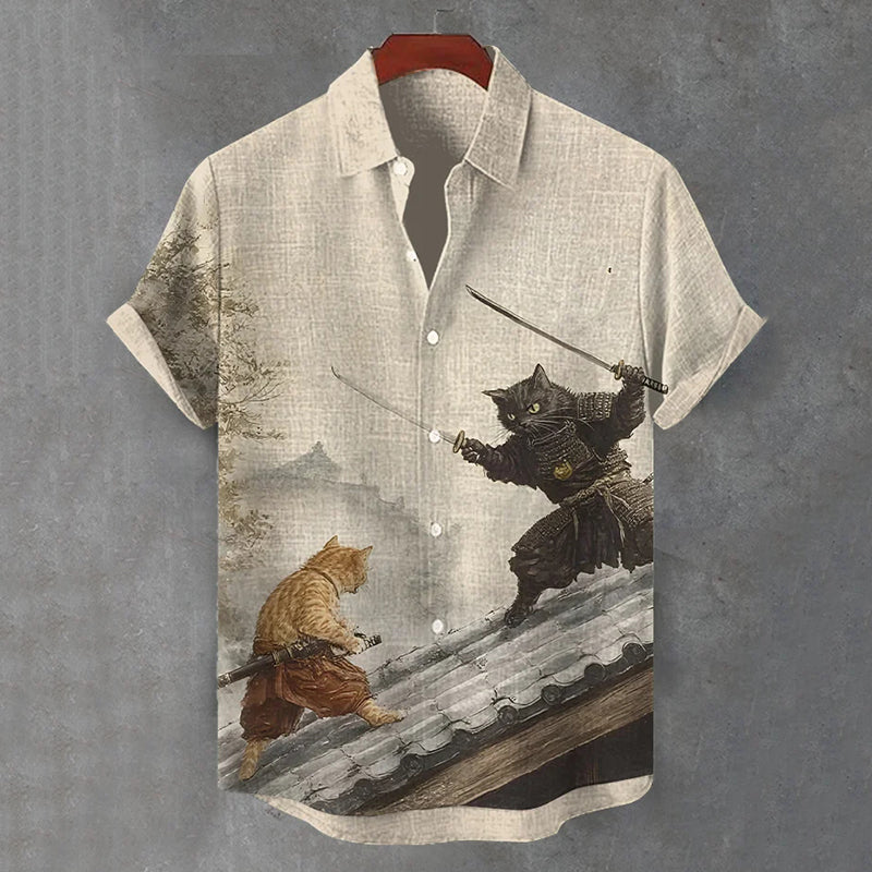 Men's Retro Cat Samurai Japanese Art Casual Short Sleeve Shirts elevenforest