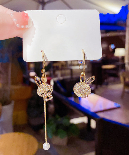 Gold Sterling Silver Overgild Zircon Asymmetry Little Rabbit Tassel Drop Earrings