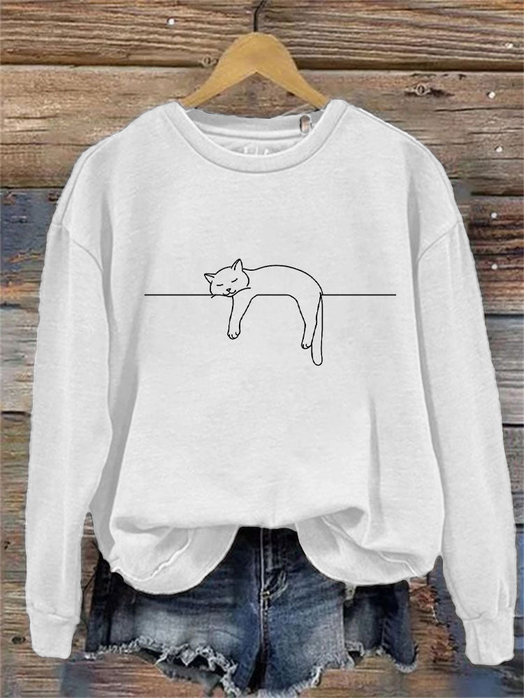 Women's Casual Funny Black Cat Print Sweatshirt elevenforest