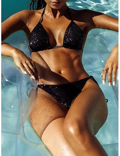 Bikini 2 Piece Swimsuit Underwire Cheeky Slim Backless Vacation Beach Wear Color Halter Neck Sleeveless Bathing Suits