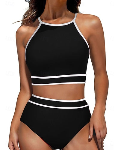 Tankini 2 Piece Swimsuit Briefs Tummy Control High Waist Slim Backless Vacation Beach Wear Scoop Neck Sleeveless Bathing Suits