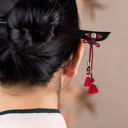 Ebony Hairpin With Red String Tassel for Protection & Luck