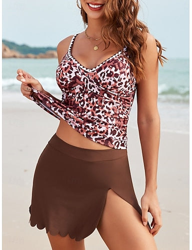 Swimwear Tankini 2 Piece Skirt Swimsuit Tummy Control High Waist Slim Backless Vacation Beach Wear Leopard V Neck Sleeveless Bathing Suits