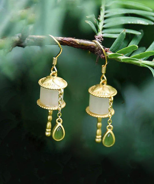 Gold Sterling Silver Overgild Jade Tassel Drop Earrings