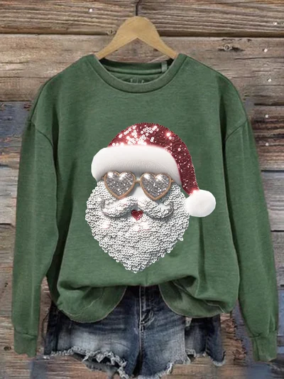 Comstylish Retro Santa Christmas Print Round Neck Sweatshirt
