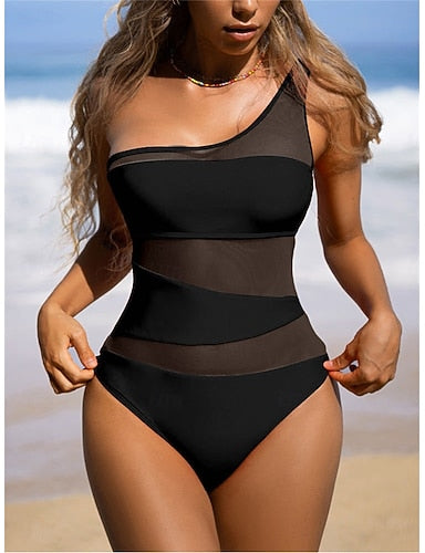 Swimwear One Piece Swimsuit Mesh Tummy Control High Waist Slim One Shoulder Vacation Beach Wear Color Asymmetric Neck Sleeveless Bathing Suits