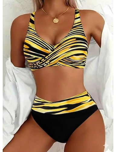 Bikini 2 Piece Swimsuit High Waist Vacation Graphic Striped V Neck Sleeveless Bathing Suits