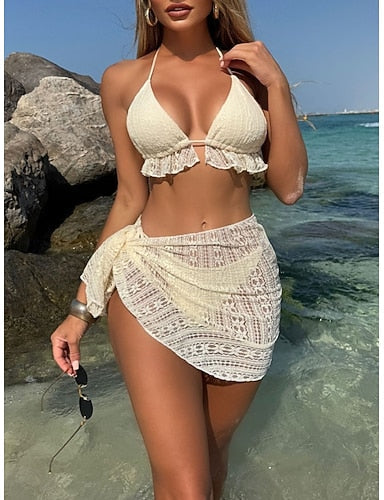 Bikini 3 Piece Swimsuit Underwire Skirt Slim Backless Vacation Beach Wear Color Halter Neck Sleeveless Bathing Suits