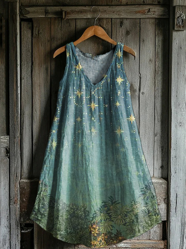 Women's Starry Woods Pattern Art Print V-Neck Pocket Cotton Dress