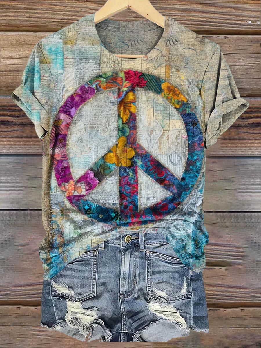 Women's Vintage Hippie Peace Sign Print Casual Crew Neck T-Shirt