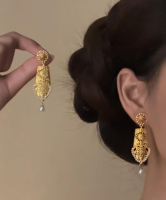 Yellow Sterling Silver Overgild Pearl Hollow Out Tassel Drop Earrings
