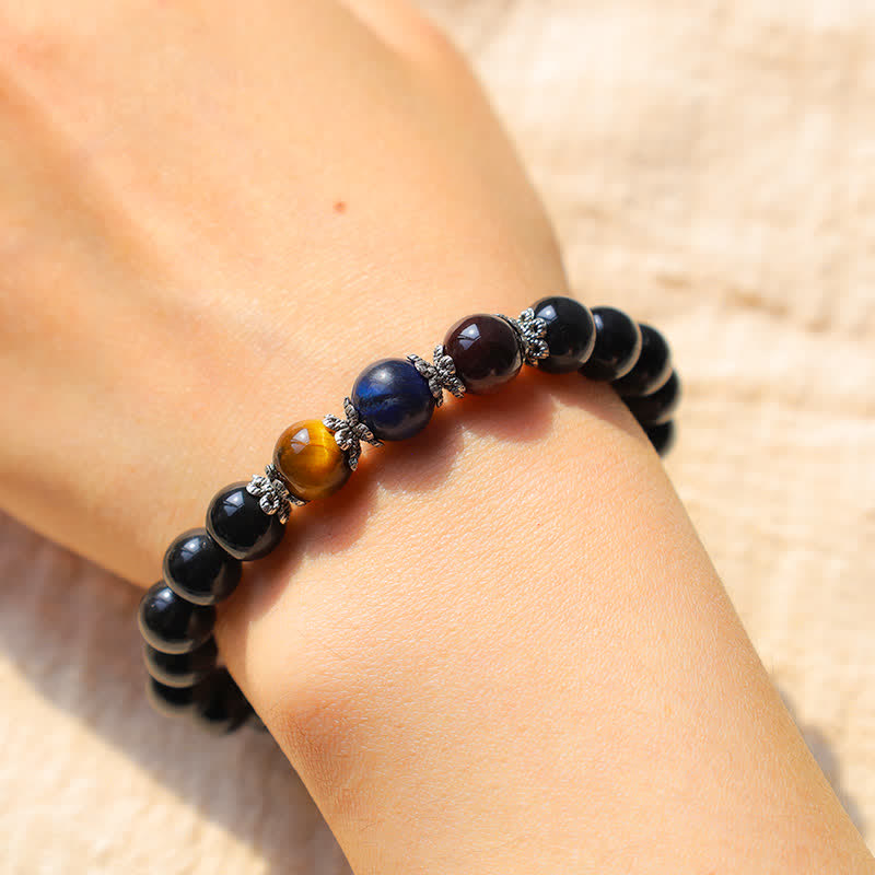 Buddha Stones Natural Black Obsidian Tricolor Tiger Eye Strength Bracelet
