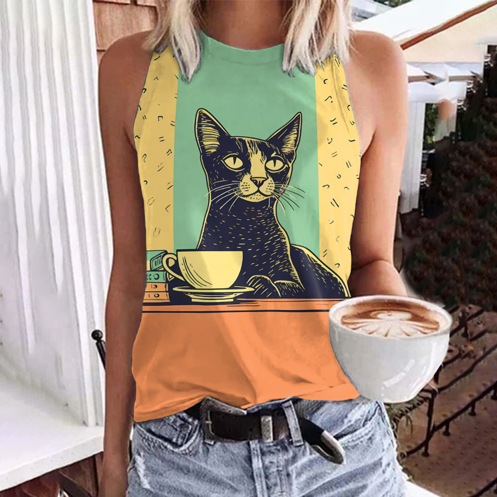 Comstylish Cat Coffee Art Print Sleeveless Tank Top
