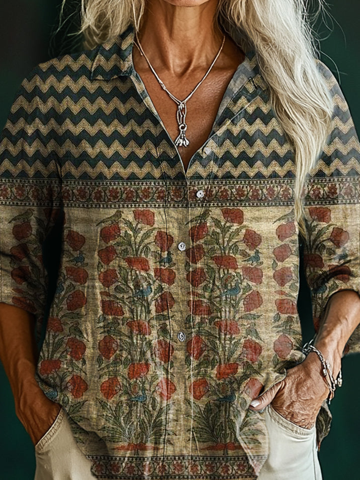 Women's Vintage Bohemian Floral Art Print Casual Cotton Shirt