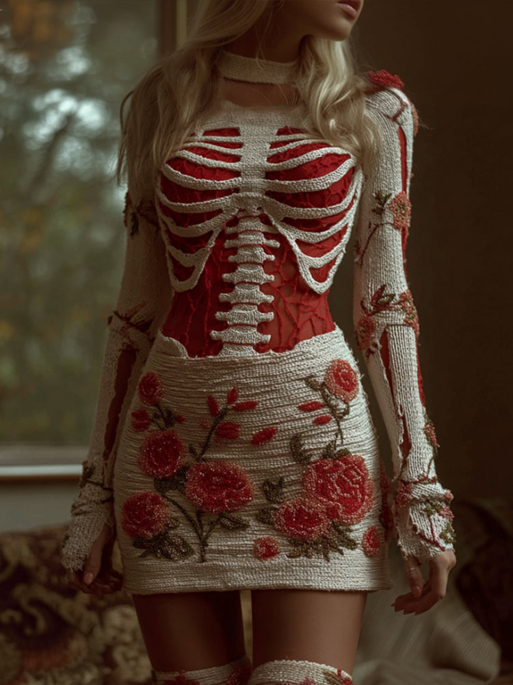 Comstylish Women's Halloween Skeleton Rose Art Slimming Dress