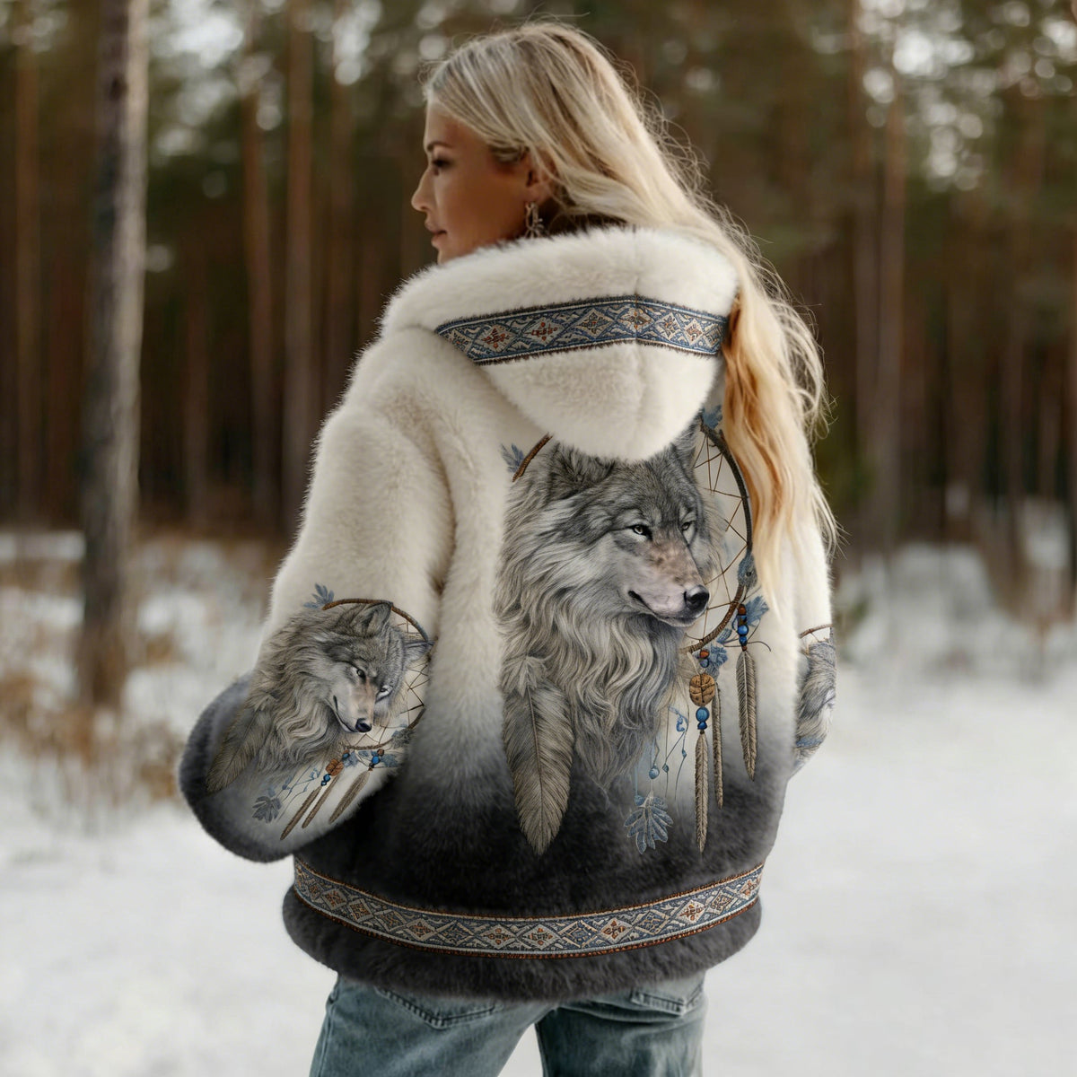 Comstylish Women's Vintage Wolf Art Knit Cozy Flannel Hoodie