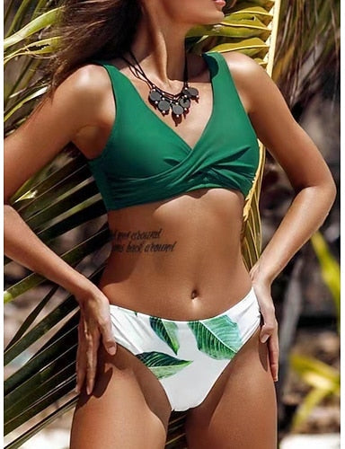 Bikini 2 Piece Swimsuit Tie Side Slim Backless Vacation Beach Wear V Neck Sleeveless Bathing Suits