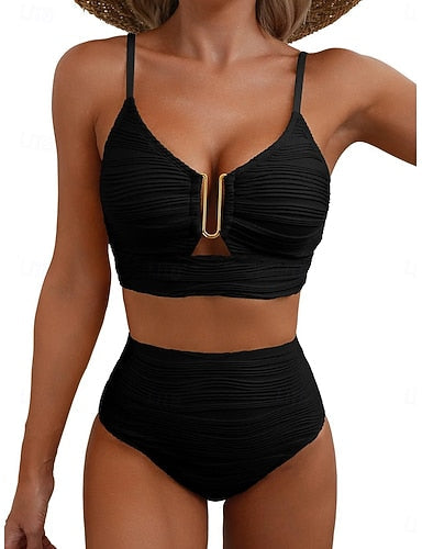 Swimwear Bikini 2 Piece High Waist Swimsuit Ruched Backless Vacation Beach Wear Plain V Neck Sleeveless Bathing Suits